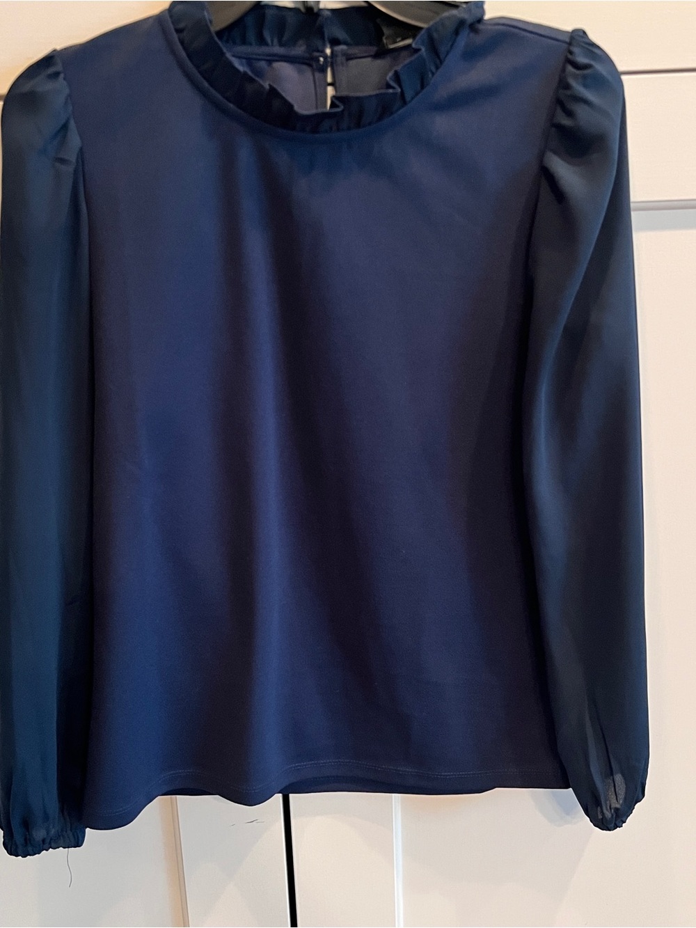 Ann Taylor Navy Long-Sleeve Ruffle Neck Blouse-xs